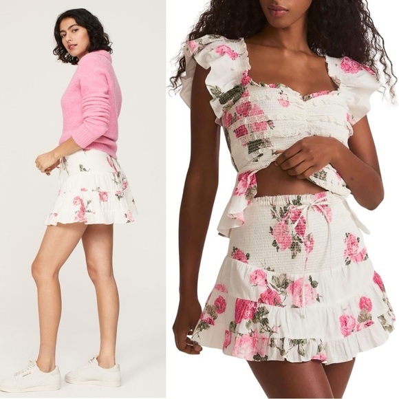 LOVESHACKFANCY Floral Swiss Dot Print Smocked High Waist Tiered Ruffle Skirt L - Picture 2 of 15